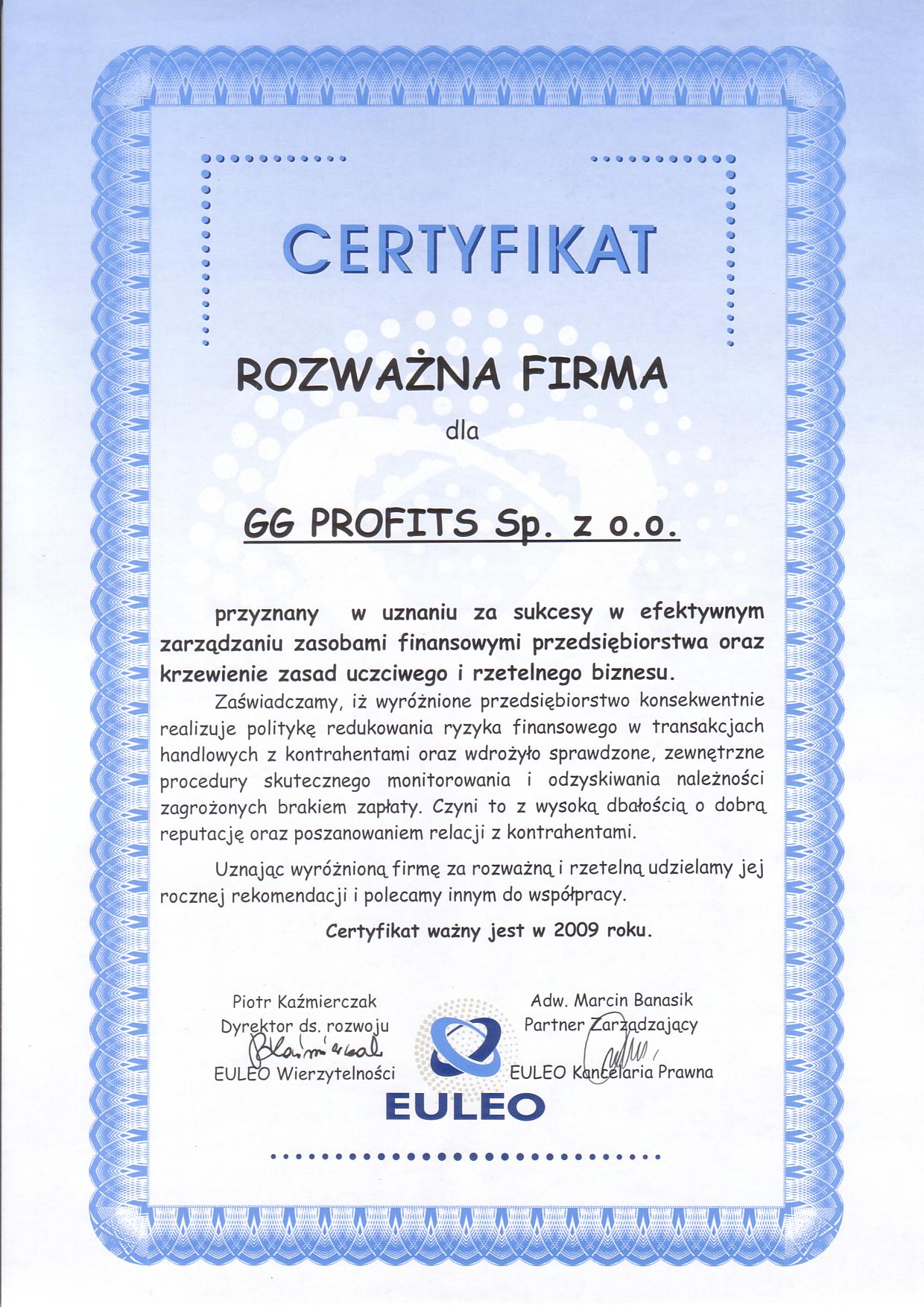 Thoughtful Company (Rozważna Firma) certificate 2008