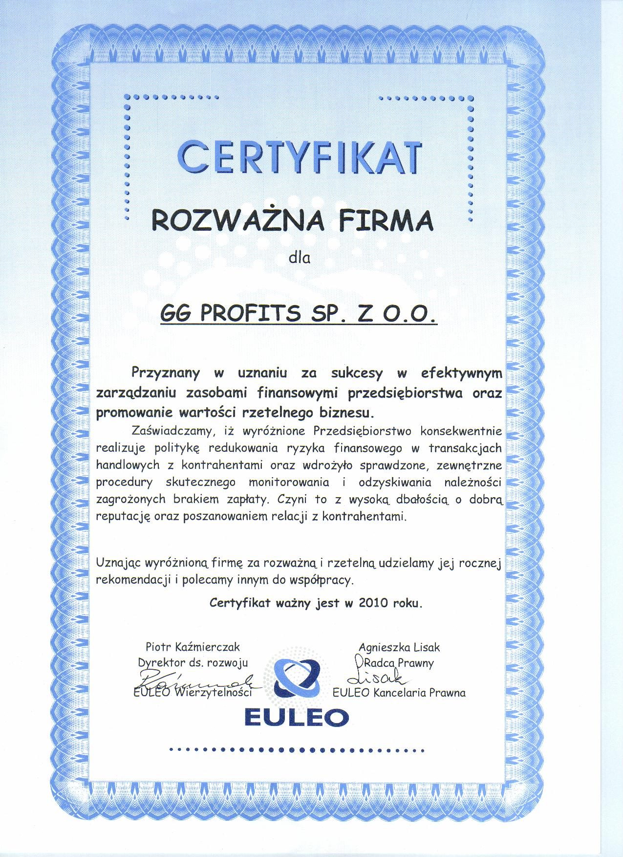 Thoughtful Company (Rozważna Firma) certificate