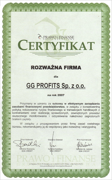 Thoughtful Company (Rozważna Firma) certificate 2007