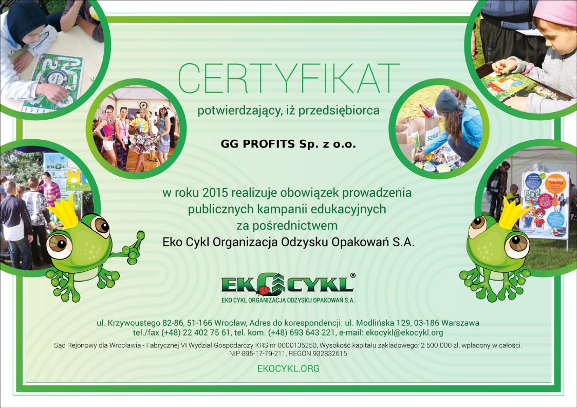 EkoCykl certificate for meeting packaging recovery obligations